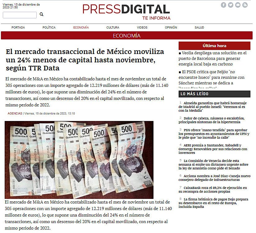 El mercado transaccional de Mxico moviliza un 24% menos de capital hasta noviembre, segn TTR Data